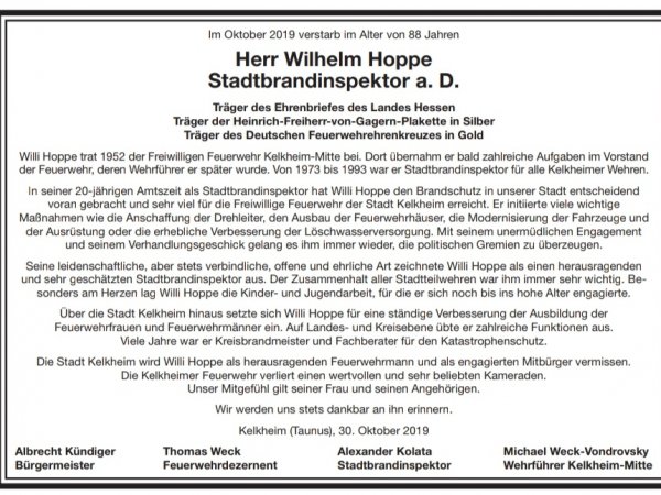 Trauer um Willi Hoppe